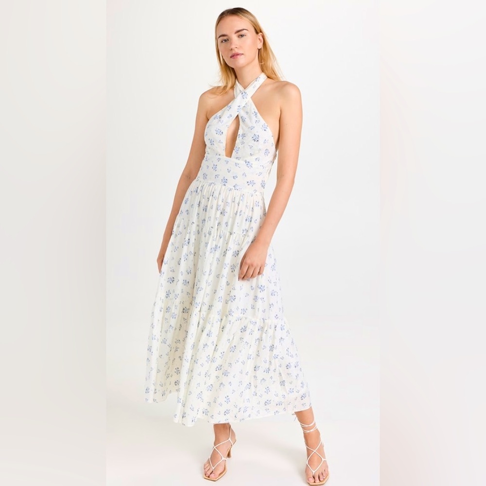 En Saison Blair White Blue Floral Halter Smocked Tiered Halter Midi Dress Sz L